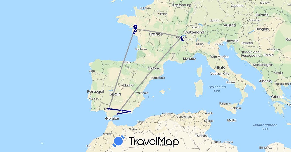 TravelMap itinerary: driving, plane in Switzerland, Spain, France (Europe)
